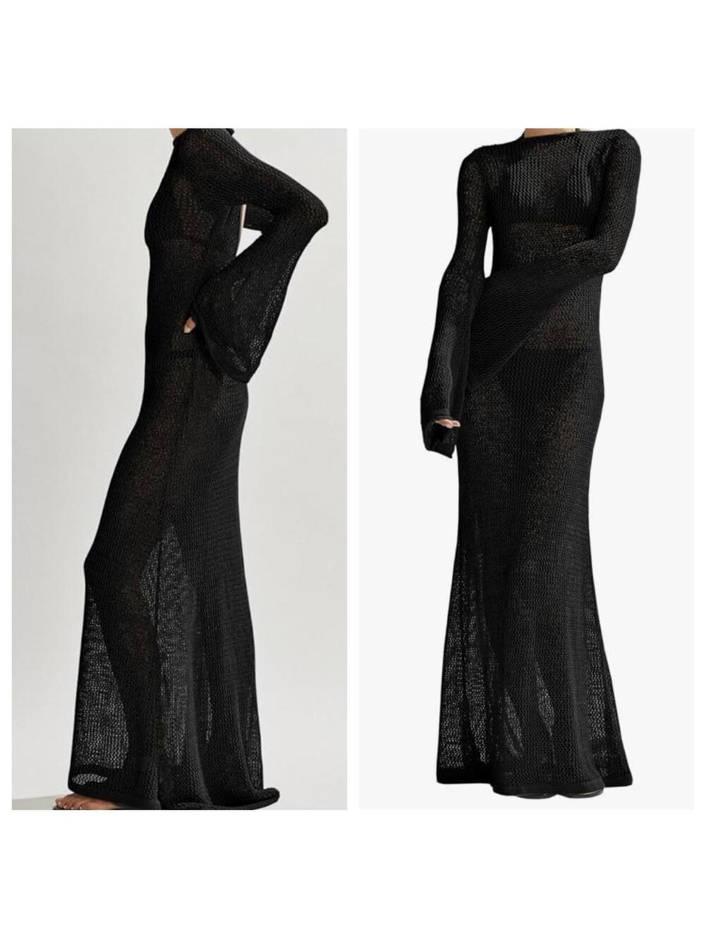 🆕 Boho Knit Crochet Maxi Dress Black Plus 2X Open Back Sleeve Travel Beach NWT